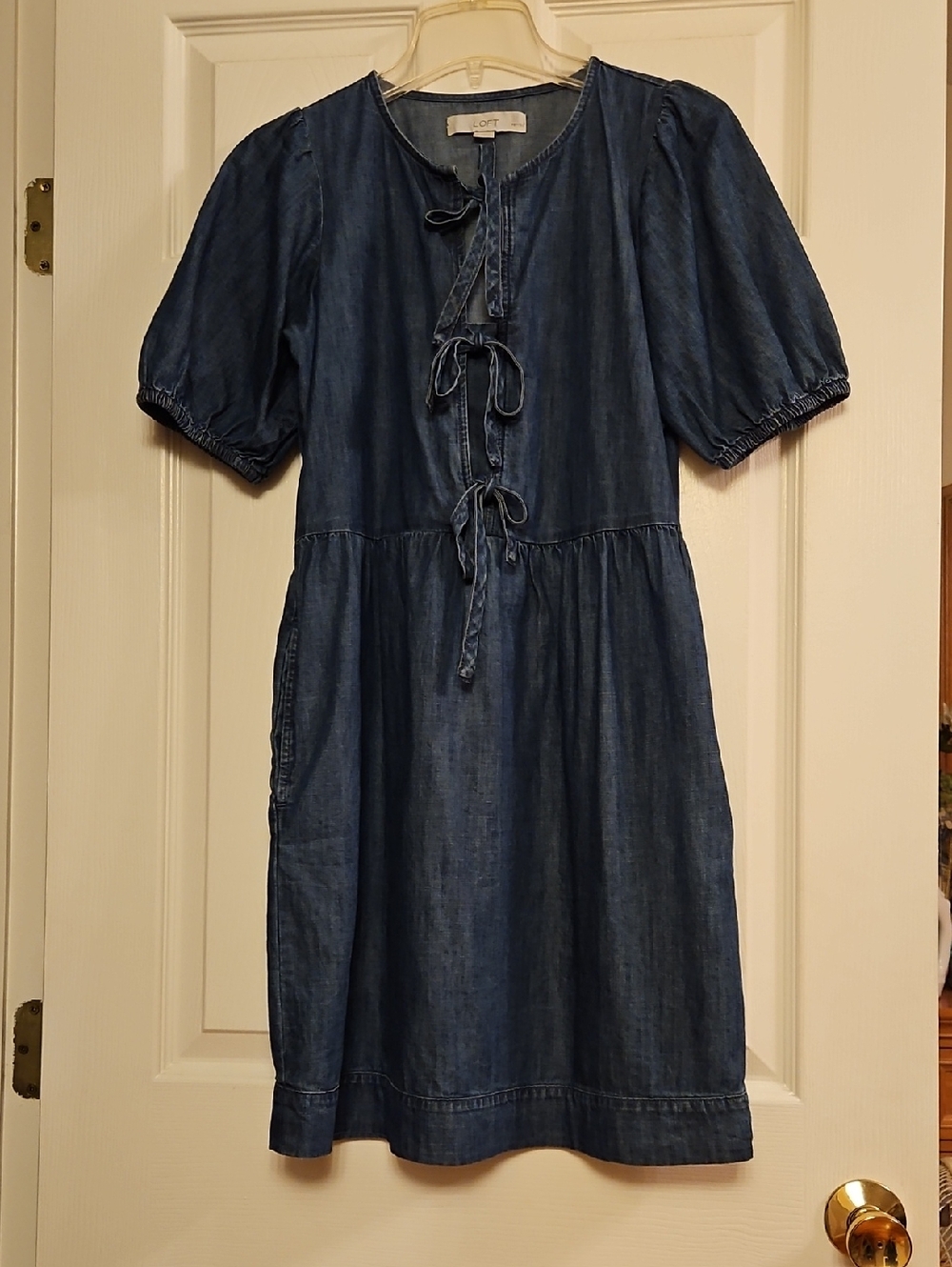 LOFT Indigo Denim Tie-Front Puff Sleeve Mini Dress